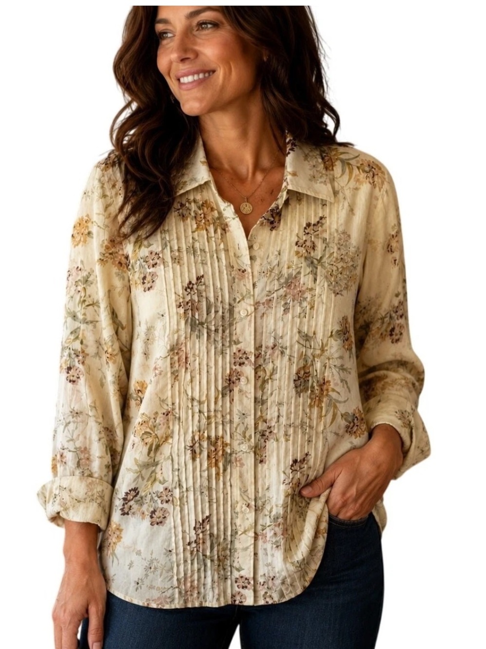 Lauren Ralph Lauren Pintuck Top Womens Size Large Butter Yellow Floral Button